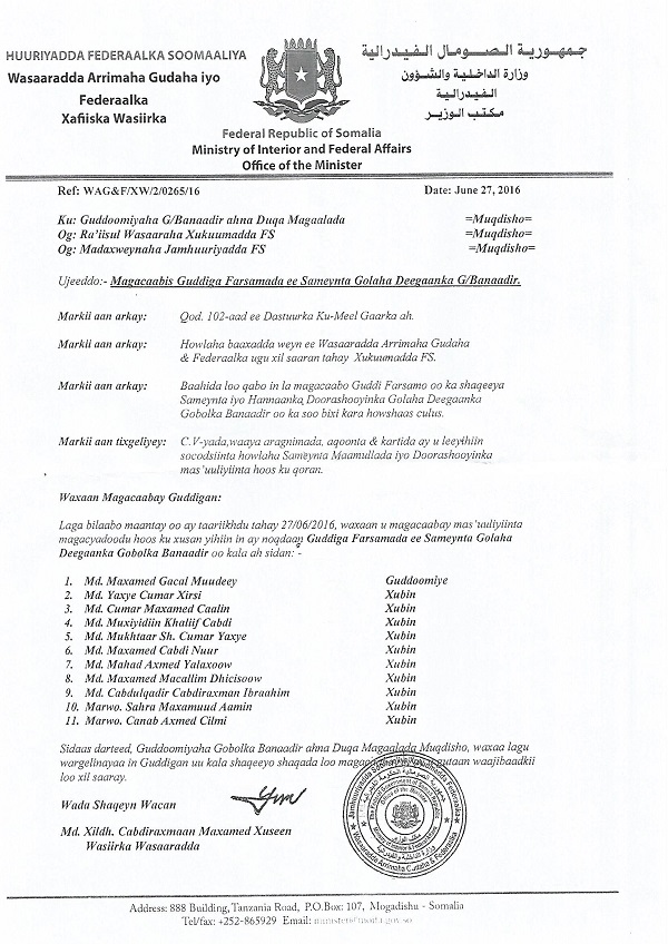 Guddiga Farsamada Ee Sameynta Golaha Deegaanka Gobolka Banaadir Oo La Magacaabay