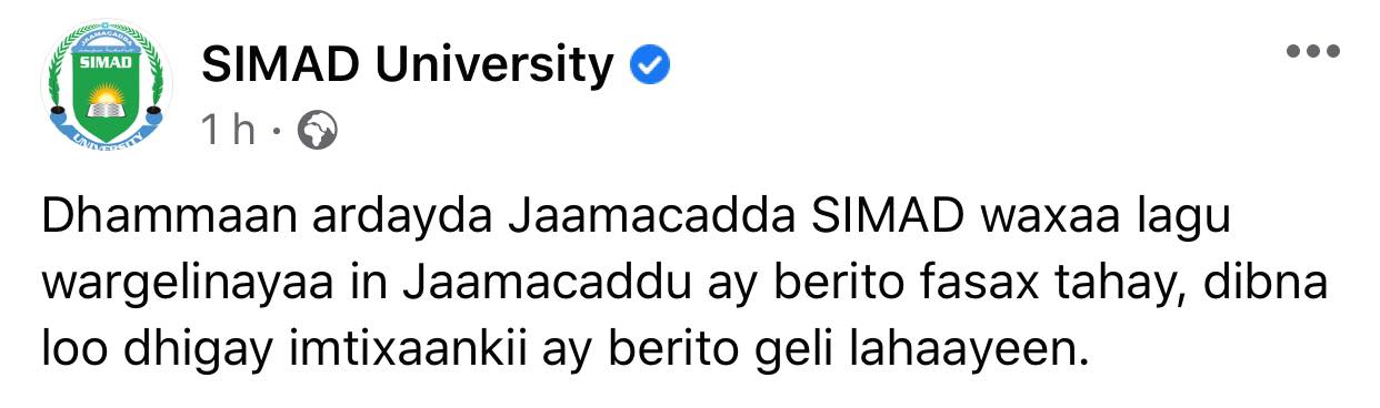 Jaamacadaha Muqdisho oo Fasax Galay Sababo Dagaalka La Xiriira